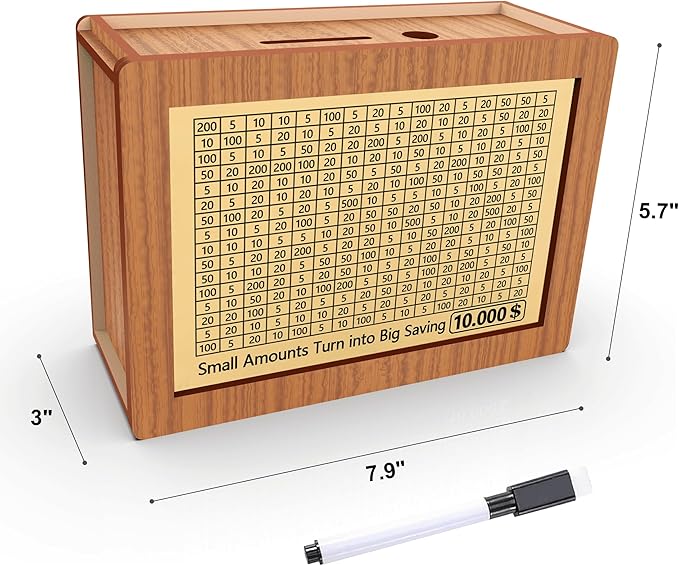 Piggy Bank for Adults Kids, Wooden Coin Bank for Boys and Girls, Cash Vault Money Saving Box with Counter $10000 $5000 Savings Challenge Money Box with Money Target and Numbers (Brown Box+ 13 Sheets)