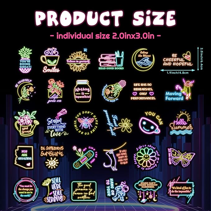 50 Pcs Inspirational Quotes Stickers for Kids Glow in The Dark, Neon Sticker for Water Bottle, Vinyl Waterproof Laptop Decals for Teens Girls Boys, Students Adults Sticker Pack