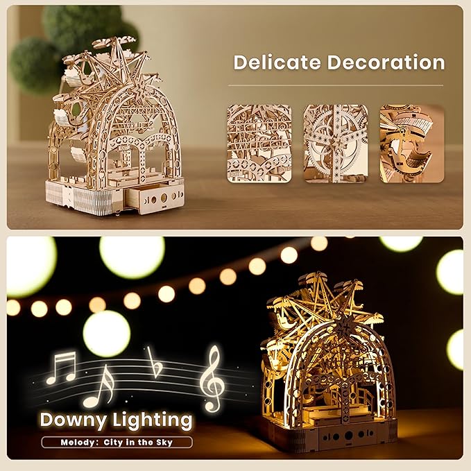 3D Wooden Puzzles for Adults: 3D Puzzle Light-Up Ferris Wheel with Music Box - 222psc Wooden Puzzles Model Building Kits Fun Gifts for Adult with Storage Box - Hobbies for Men Women
