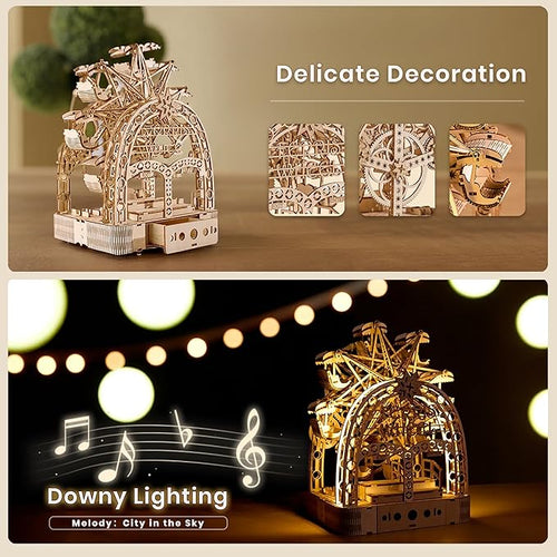 3D Wooden Puzzles for Adults: 3D Puzzle Light-Up Ferris Wheel with Music Box - 222psc Wooden Puzzles Model Building Kits Fun Gifts for Adult with Storage Box - Hobbies for Men Women
