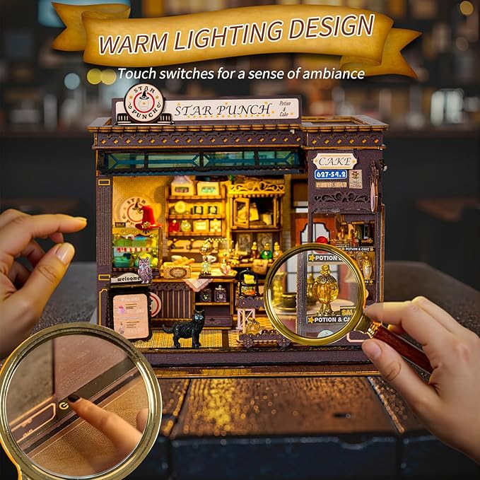 DIY Miniature House Kit - Coffee Shop Wooden Dollhouse Kit with LED Lights -Mini House Making Kit with Furniture - Tiny House kit for Adults to Build - Miniature Kits Craft Gift