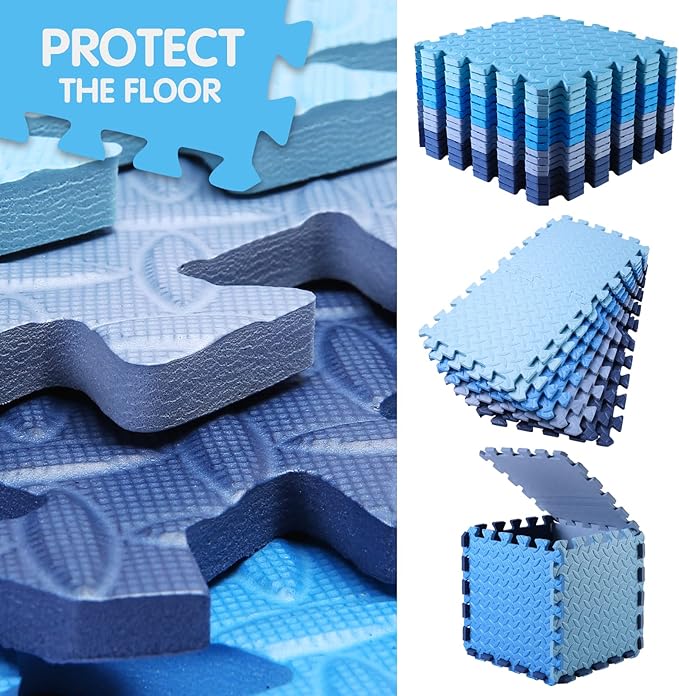 16 Tiles Foam Play Mat for Baby, Soft & Safe EVA Foam Mats for Floor, Square Baby Play Mat, Kids Foam Puzzle Floor Mat, 47x47 Play Mat for Playpen(Dark Blue/Gray Blue/Light Blue/Blue)