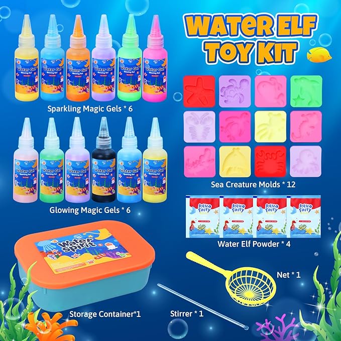 Glow in The Dark, Magic Water Elf Toy Kit, Aqua Fairy Water Gel Kit, 12 Gels 12 Ocean Molds, Squishy Maker Party Birthday Toys Gifts for 3-12 Years Boys Girls, Arts & Crafts DIY STEM Kits for Kids
