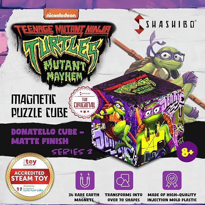 SHASHIBO Teenage Mutant Ninja Turtles Shape Shifting Box - STEM Magnetic Fidget Cube That Transforms Into Over 70 Shapes, Download Fun in Motion Toys Mobile App (Donnie)