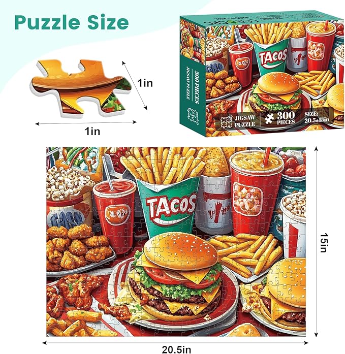 300 Pieces Hamburger Puzzles for Adults, Youths Favorite Foods Puzzle for Adults Children, Fries Puzzle 300 Pieces, Gift for Birthday, Home Decor, Fun for Family Entertainment(20.5 * 15 in)