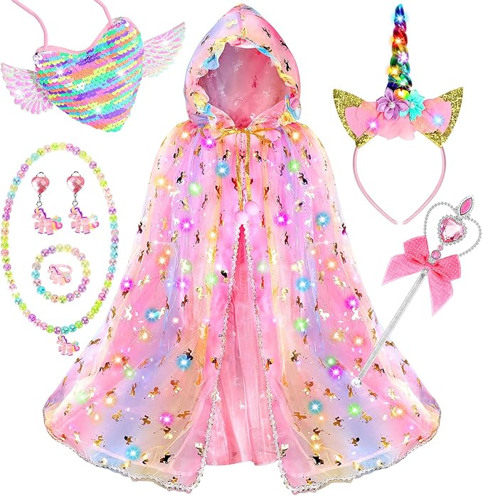 Fedio Princess Dress up for Girls,Unicorn Light up Princess Cape Set,Light up Princess Dress with Unicorn Toys for Girls 3-8 Halloween