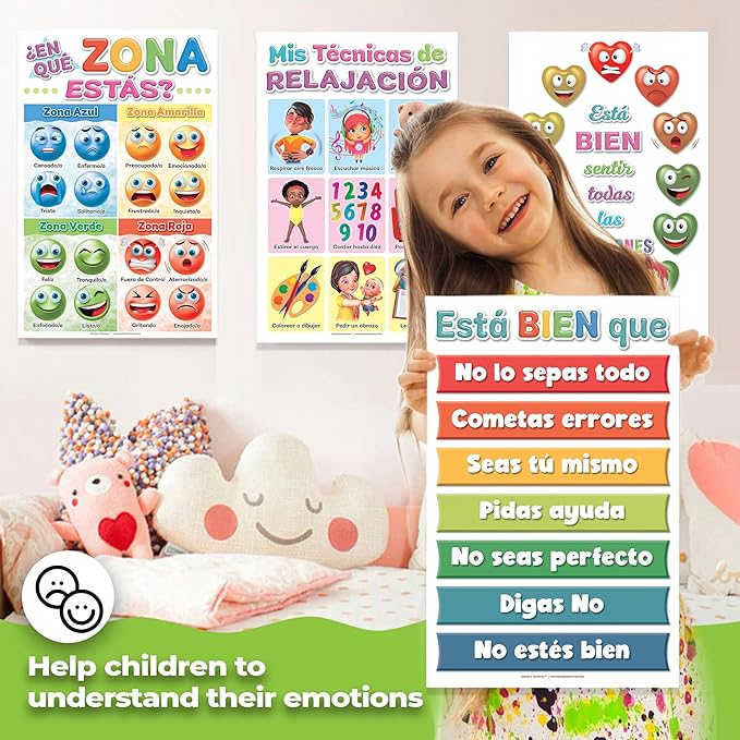 DeeDee's Workshop 4 Spanish Feelings Chart For Kids, Spanish Posters for Classroom, Zones of Regulation Poster, Spanish Classroom Must Haves, Set of 4 (11 x 17 inches)