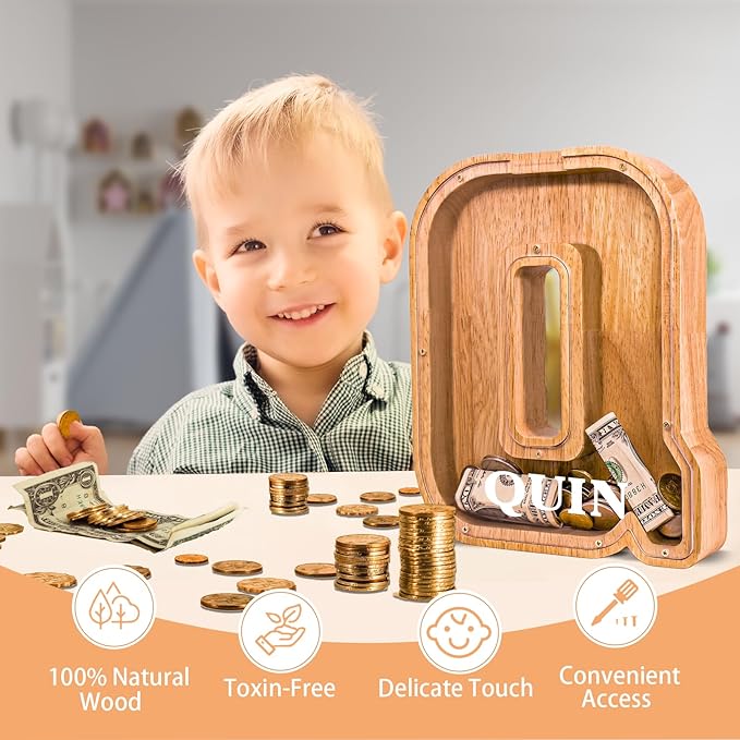 Wooden Letter Piggy Bank for Kids Larger Letter Piggy Bank for Boys and Girls Personalized Piggy Bank Initial Coin Bank Wood Kids Money Bank for Birthday and Festival