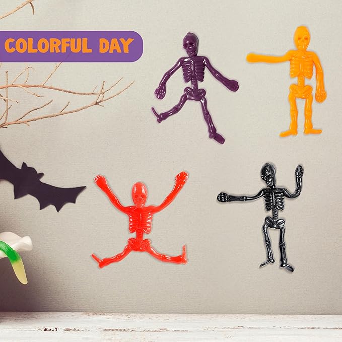 JOYIN 72 PCS Halloween Stretchy Skeletons, Halloween Stress Relief Toys Assorted 9 Colors Stretchy Skull Toys for Halloween Trick or Treat Party Favor, Halloween Goody Bag Fillers
