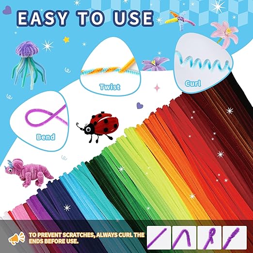 1200 Pcs Chenille Pipe Cleaners for Crafts – 24 Assorted Colors Fuzzy Sticks, DIY Art Supplies for Kids, Classroom Projects & Decorations