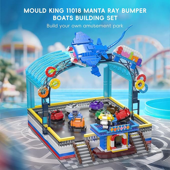 Mould King Bumper Boat Building Blocks Set, 2044+ Pcs Amusement Park Model Kit with Manta Ray Model, Engineering City Building Set That Run, Collectible Gift for Teens, Adults