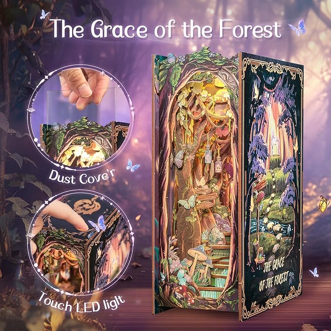 Fsolis Book Nook Kit, DIY Miniature Room House Kit 3D Wooden Puzzle Craft Kit for Adult Decorative Bookend Bookshelf Bookcase Nook Decor Gifts for Women Teens and Book Lovers (The Grace of The Forest)