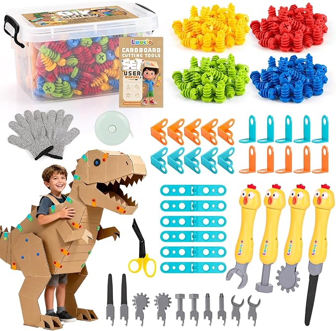 196 PCS Cardboard Cutter for Kids, Reusable Safe Cardboard Tools for Kids with Box, Gloves, Screws, Connectors, Screwdrivers, Saws, Educational Toys for 5 6 7 8 Year Old, Birthday Gift for Boys Girls