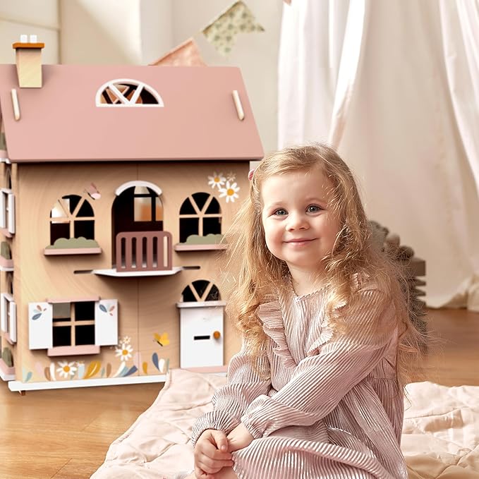 SPEEDY MONKEY Flowers Cottage Wooden Dollhouse with Starter Set | Pretend Play Doll House for Toddlers & Preschoolers | Fun Playhouse for Boys & Girls, Ideal for Imaginative Storytelling Playset