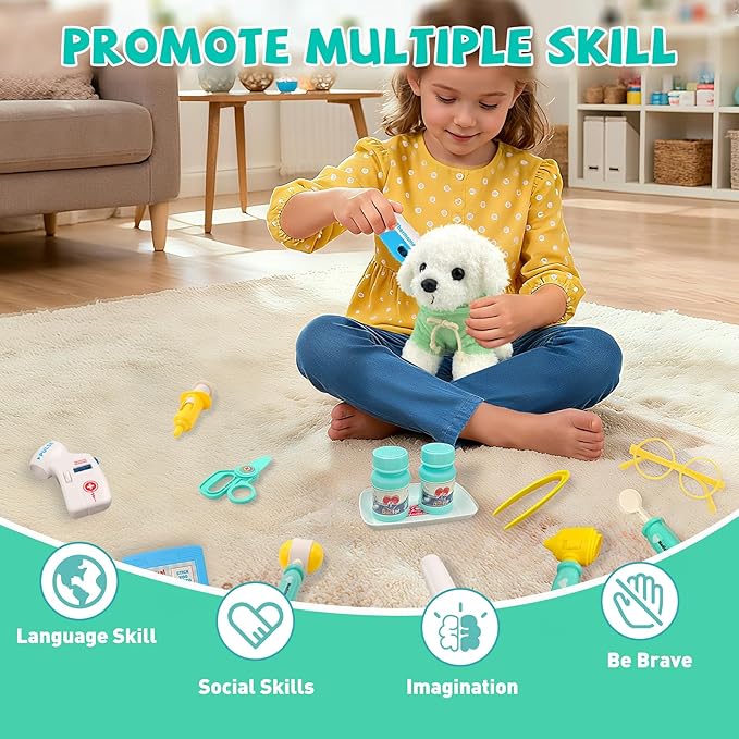 Doctor Kit for Kids, Pretend Play Doctor Play Toys for Toddlers 3-5 with Plush Dog, Stethoscope, Carring Bag, Veterinarian Pet Care Role Play Vet Set Birthday Gift for Girls Boys Aged 3 4 5 6 7 Years