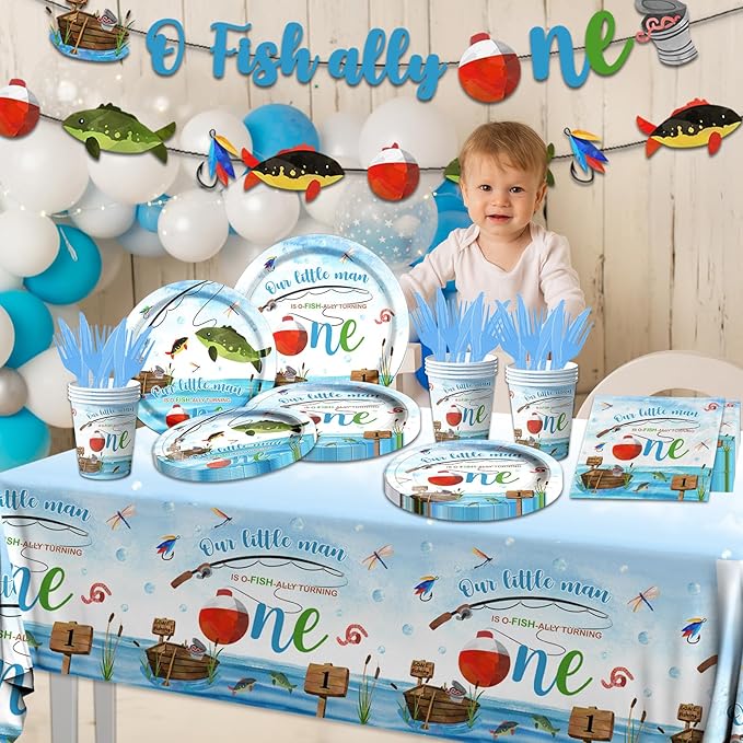Ofishally One Birthday Decorations,142Pcs Gone Fishing 1st Birthday Party Supplies Our Little Man Is Ofishally Turning Plates Napkins Cups Tablecloth for O Fishally One First birthday Party Supplies