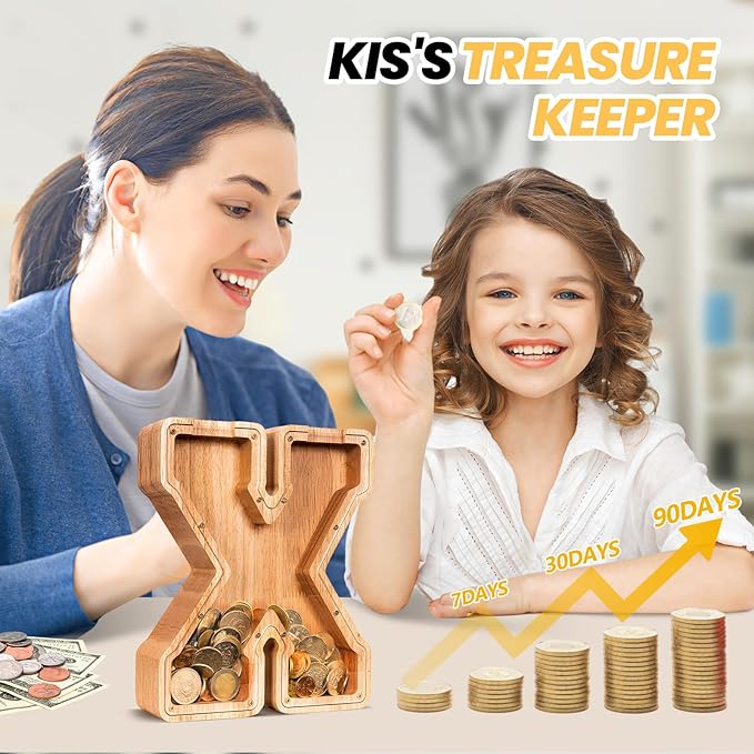 KMC Wooden Letter Piggy Bank, Personalized Initial Piggy Bank for Kids Boys, Clear Alphabet X Wood Money Box, Unbreakable Coin Saving Jar, Birthday, for Children