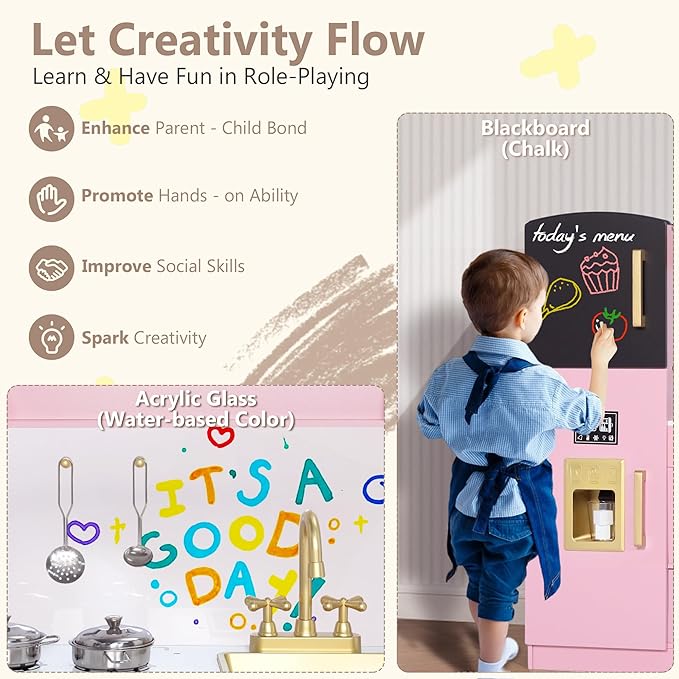 Kinder King Wooden Kids Play Kitchen, Toy Kitchen Playset for Toddler, Play Kitchen Set w/Blackboard, Transparent Coloring Board, Pretend Dishwasher, Oven, Ice Maker, Gift for Boys Girls Age 3+, Pink