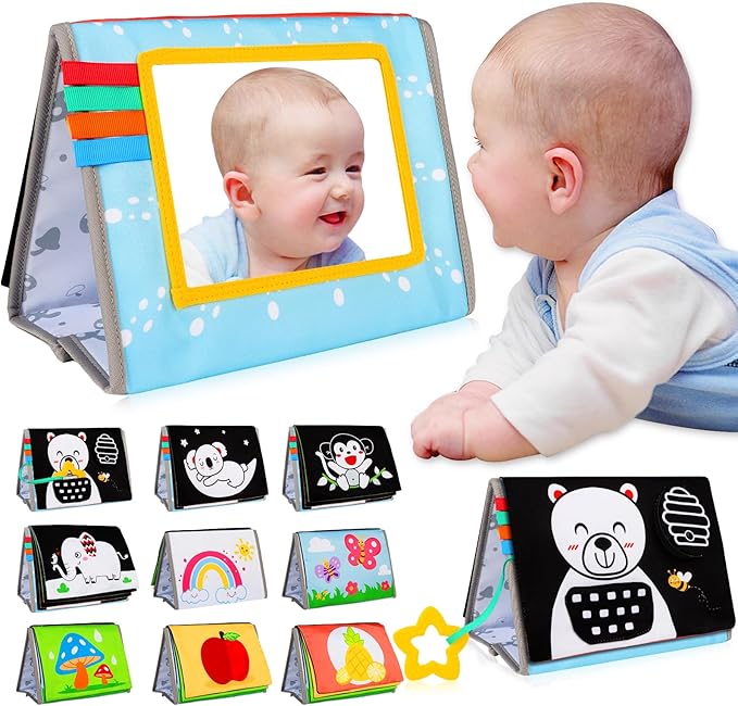 Tummy Time Mirror Baby Toys - Black and White High Contrast Baby Visual Stimulating Mirror Toys for Newborn - Montessori Infant Sensory Crinkle Toy for Babies Gifts 0 3 6 9 Months
