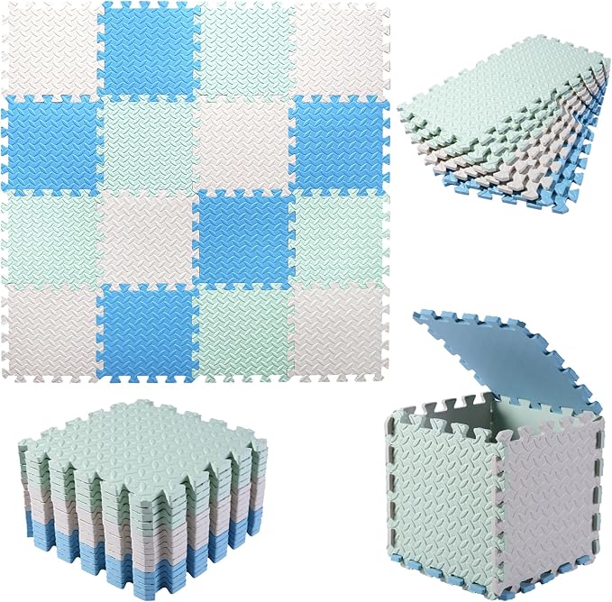 Foam Play Mat for Baby, EVA Soft Non-Toxic Playmat, Interlocking Floor Mats, Solid Colored Foam Puzzled Floor Mats, Baby Play Mat Exercise Mats, 16 Tiles(White/Green/Light Blue)