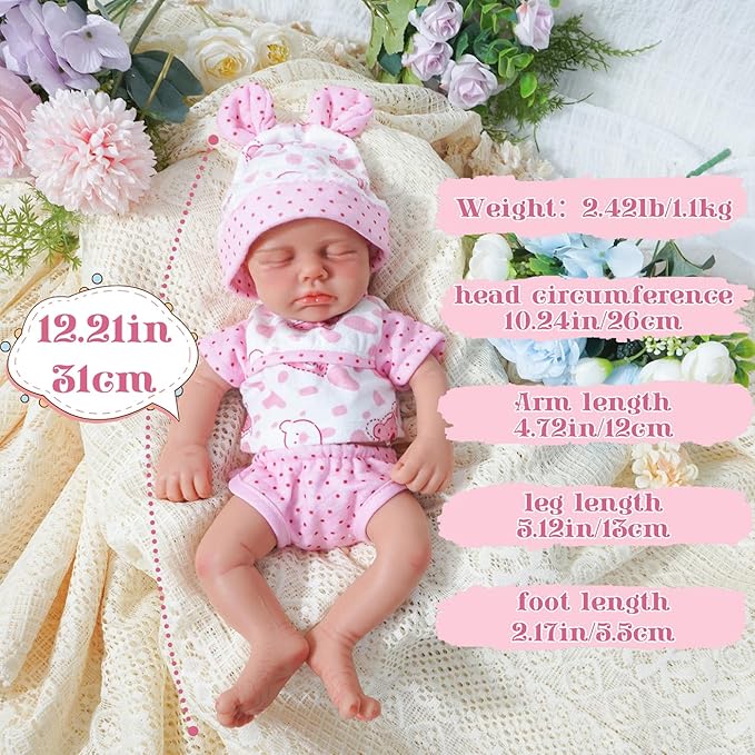 Reborn Baby Dolls Silicone Full Body 12in Weighted Real Life Closed-Eyes Girl Dolls Lifelike Newborn Baby Soft Body Flexible Limbs Not Vinyl