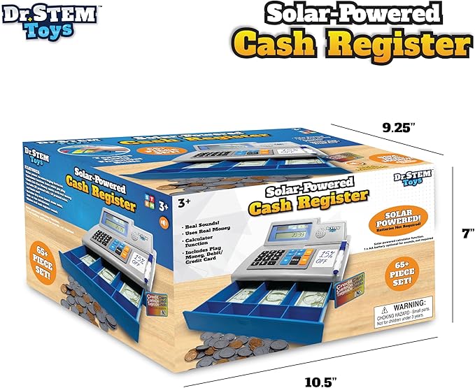Dr. STEM Toys Solar Powered Calculator Pretend Cash Register with Play Money – 67-Piece Set for Learning Math Skills, STEM Cash Register for Kids (Gray)