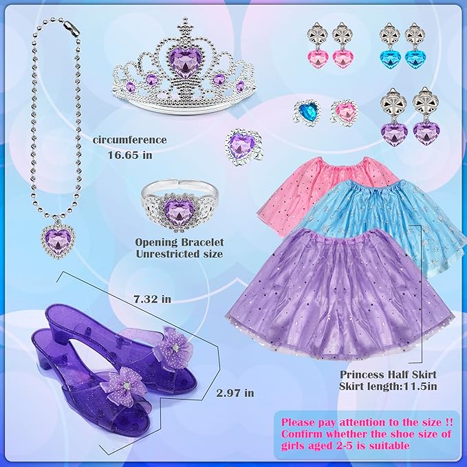 Princess Dress Up for Girls - Toddlers Clothes with Skirts, Shoes, Crown & Play Jewelry, Princess Costume Toys for Girls Age 3,4,5,6 Year Old, Kids Shoes Role Play Gift Idea for Birthday Christmas