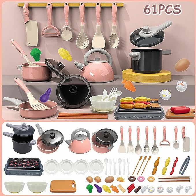 Kids Kitchen Toy Accessories, 61PCS Toddler Pretend Cooking Play Pots, Kitchen Playset, Play Pots, Pans, Utensils Cookware Toys, Play Food Set, Vegetables, Learning Gift for Girls Boys (Pink)
