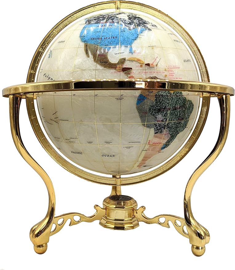 Last one on Earth! 2002 Edition Vintage Unique Art Since 1996 Pearl Swirl Table Top Gemstone World Globe with New Zinc Alloy Stand (2002 Collector Version Pearl Tripod Gold)
