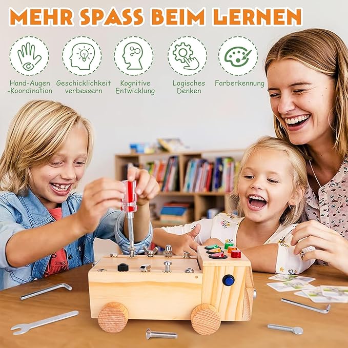 Busy Board,Montessori Screwdriver Board Set for 2-6 Years Old,Montessori Busy Board with LED Light,Wooden Sensory Toys for Boys & Girls,Christmas & Birthday Gift