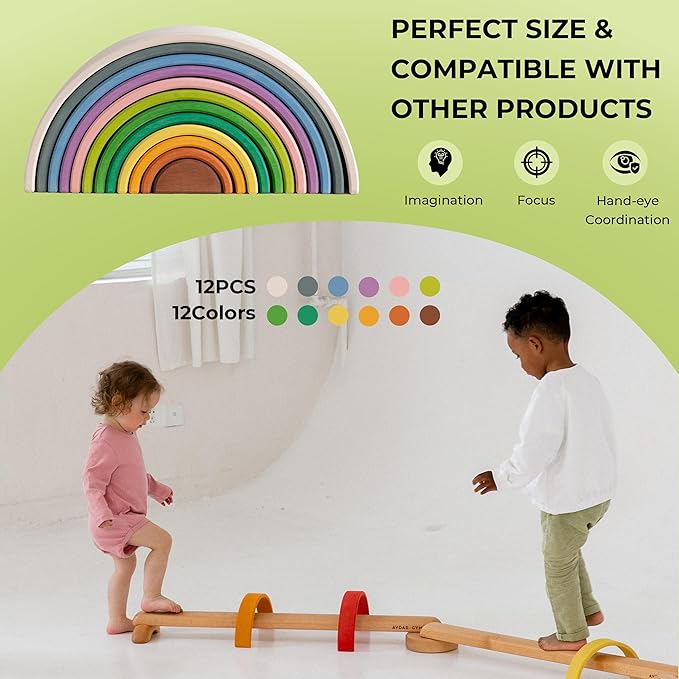 AVDAR 12Pcs Wooden Rainbow Stacker Toy, Extra Large Wooden Rainbow Stacking Toy, Montessori Nesting Puzzle for Kids