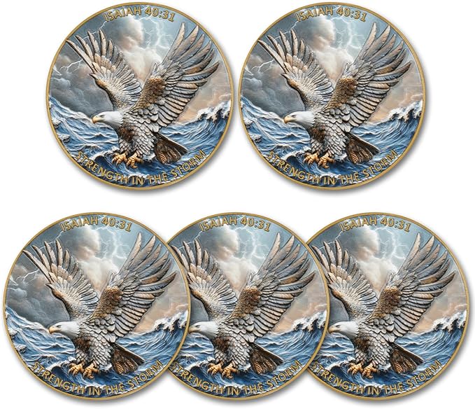 Eagle & Isaiah 40:31 Challenge Coin - Inspirational Christian Prayer Coin - Strength in The Storm - Pocket Gift with Clear Case(Pack of 5)