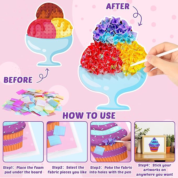 8PCS Poke-in Craft and Art Kit for Kid Dessert Cake Theme No-Mess Fabric Sewing Art Girl Boy 4-12 Puzzle Puncture Painting Ice Cream Donut Toy Gift for Creative Activity Game Birthday Party