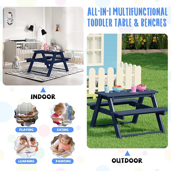 Costaelm Kids Picnic Table, HDPE All Weather Outdoor Toddler Picnic Table and Chair Set Kids Bench for Patio, Backyard, Garden, Lawn, Navy Blue