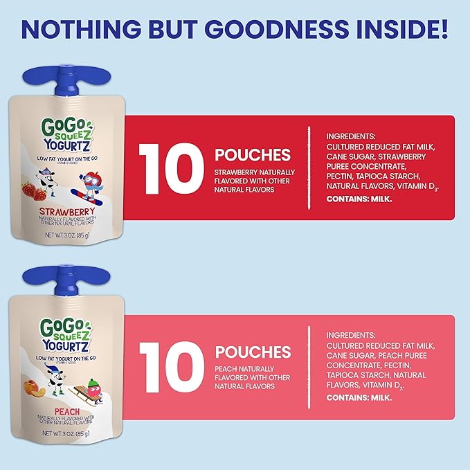 GoGo squeeZ YogurtZ Variety Pack, Strawberry & Peach, 3 oz (Pack of 20), Kids Snacks Made with Real Yogurt and Fruit, No Fridge Needed, Gluten Free, Nut Free, Recloseable Cap, BPA Free Pouches