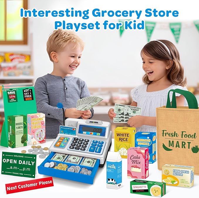 Calculator Cash Register Toy Gift for Kids Age 3, 4, 5, 6, 7, 8+ Year Old, 120 Pcs Grocery Store Playset with Toy Cash, Grocery BoxesCredit Card, Microphone, Grey Play Cash Register for Toddlers 4-8