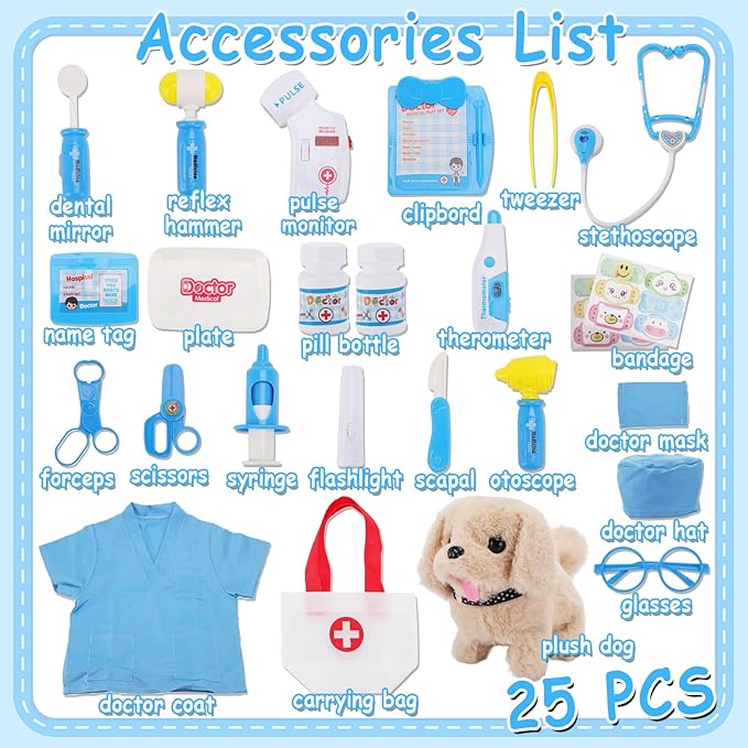 TEUVO Toy Doctor Kit for Girls, Pretend Play Doctor Set with Dog Toy, Carrying Bag, Stethoscope, Dress Up Costume, Toys Doctor Play Birthday Gift for Kids Toddlers 1 2 3 4 5 6 7 Year Old for Role Play