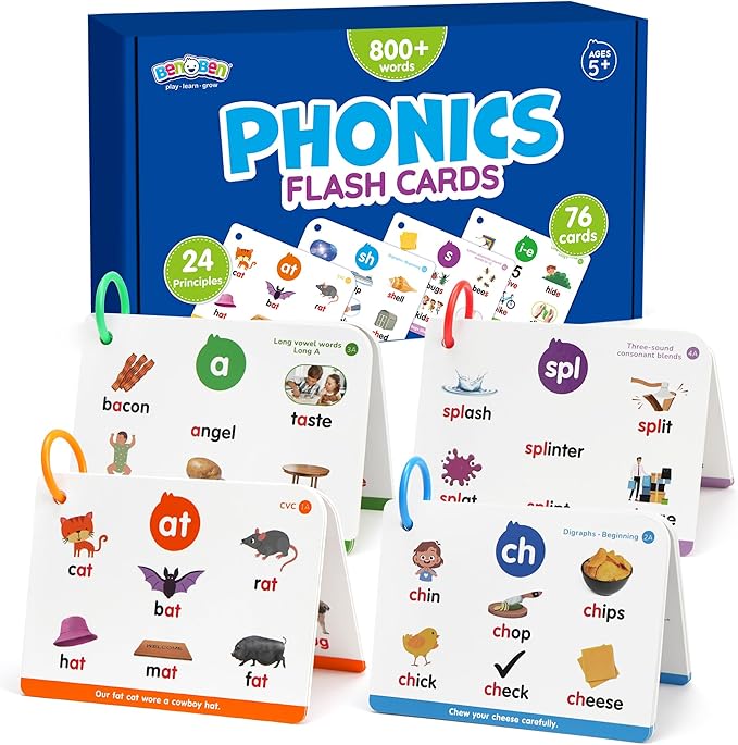 Phonics Flash Cards, 76 Cards 24 Principles, Learn to Read Phonics Games, CVC Digraphs Blends Long Vowel Sounds, Classroom Homeschool Educational Toys for Kindergarten 1st 2nd Grade Kids Ages 4-8