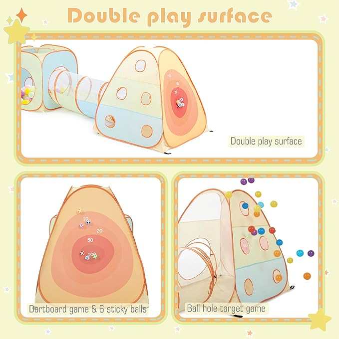 UTEX Kids Play Tent with Tunnel, 3 in 1 Pop Up Play Tent, Play Crawl Tunnel for Toddler, Boys, Girls, Indoor& Outdoor Play House Target Game with 6 Dart Balls