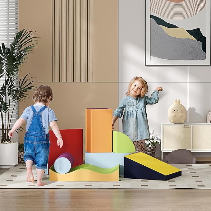 Soozier 7 Piece PU Leather Soft Play Climbing for Toddlers, Baby Colorful Soft Play Gym Toys Indoor, Modular Crawling & Climbing Play Set for 1-3 Years, Contemporary