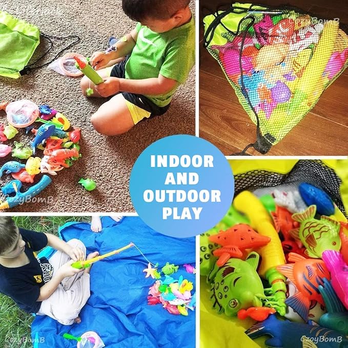 CozyBomB™ Magnetic Fishing Toys Game Set for Kids | Water Table Bathtub Kiddie Pool Party & Pole Rod Net, Plastic Floating Fish Toddler Color Ocean Sea Animals Birthday Age 3 4 5 6 Year