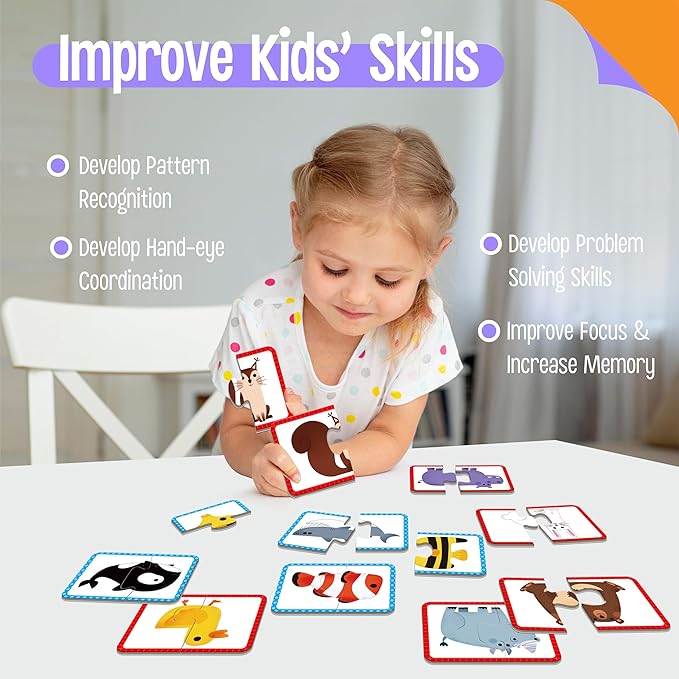 48 Animal Memory Matching Puzzles with Error-Correction, Self-Correcting Puzzle Match Game Educational Learning Activities for Toddlers Kindergarten, Animal-Themed Learning Games Toys for 3 Years Old