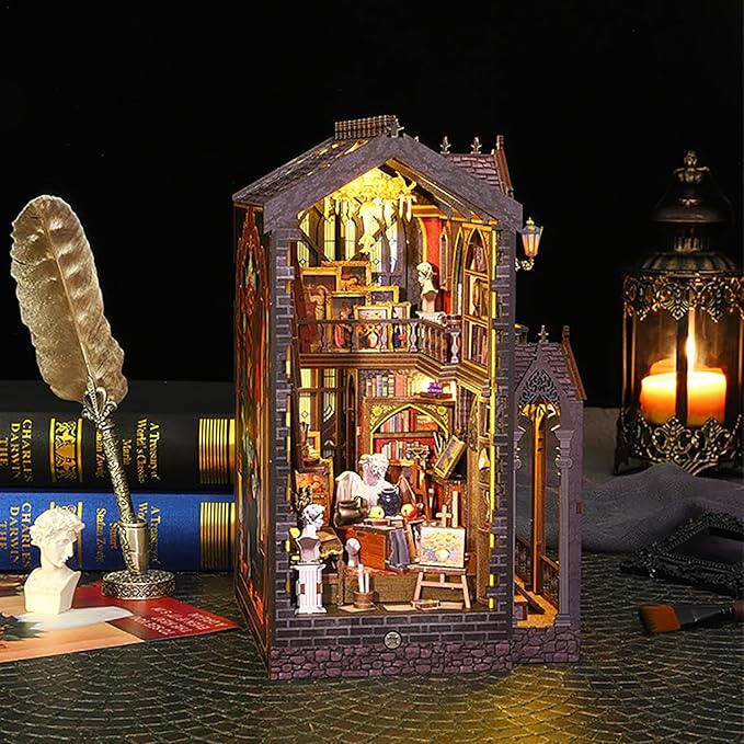 DIY Book Nook Kit - DIY Miniature Dolls House Kit with Furniture and LED Light, 3D Puzzle Wooden Art Bookends, Model Kits for Adults to Build (Wonderful Studio)