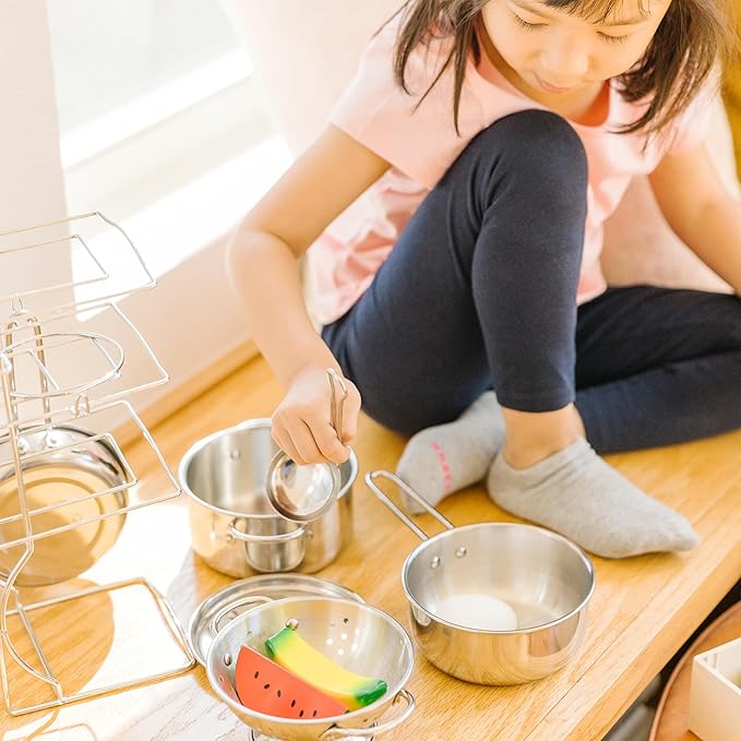 Melissa & Doug Stainless Steel Pots & Pans, 8 Piece Play Kitchen Set, Premium Play Kitchen Accessories & Cooking Utensils, Preschool Toys for Kids 3+