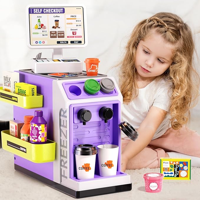48-Piece Pretend Play Cash Register Toy Set for Kids with Water Outlet Function - Calculator, Shopping Bag, Scanners, Coffee Machine, Play Food - Gift for Boys and Girls Ages 3+ (Purple)