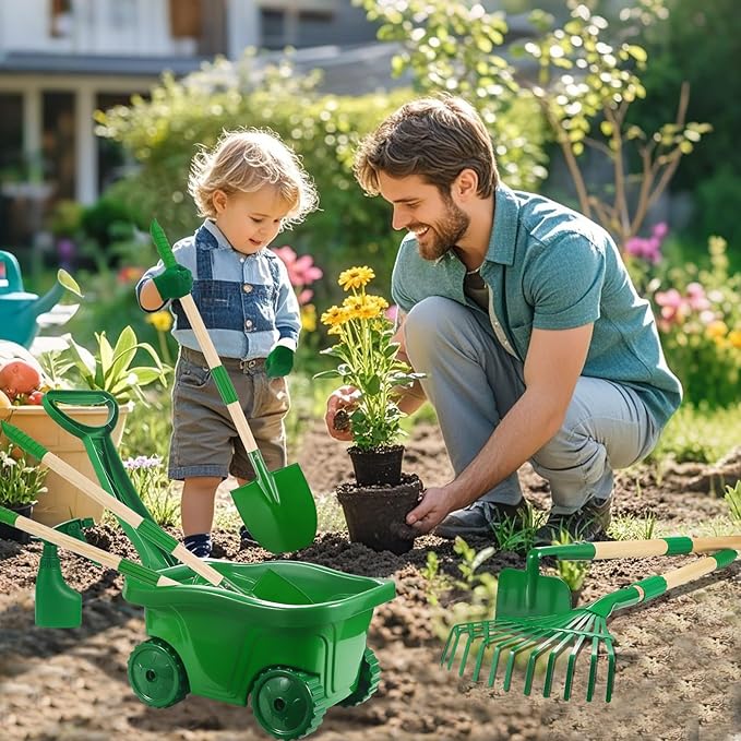 Duckura Kids Gardening Tools Set - 7pcs Wheelbarrow Set for Kids with Shovel, Rake, Leaf Rake, Summer Outdoor Yard Digging Weed Toys, Halloween Birthday Gifts for Boys Girls Age 2 3+ Years Old(Green)