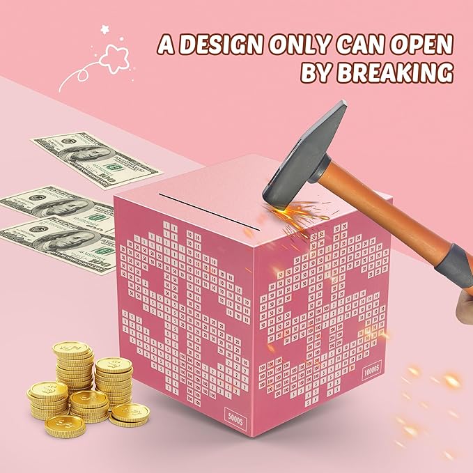Primo Lines Piggy Bank for Adults Must Break to Open, with Savings Counter & Goal Tracker, Unbreakable Stainless Steel Money Box for 10K Challenge $3000 $5000, Kakeibo (4.72 Inch)