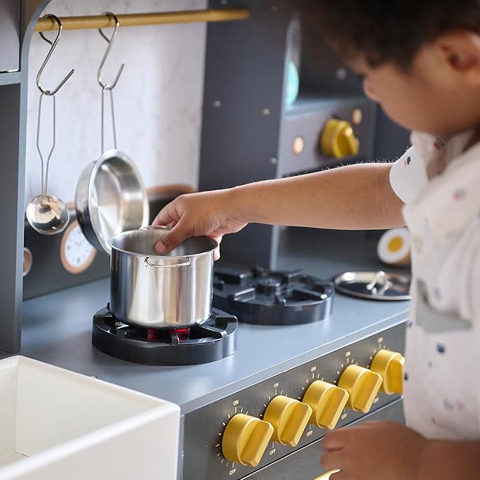 Teamson Kids Little Chef Colonie Play Kitchen for Kids, Gray – 2-Piece Pretend Kitchen Set with Ice Dispenser, Coffee Maker, Farmhouse Sink & Storage, Modern Wooden Toy for Toddlers & Girls Boys