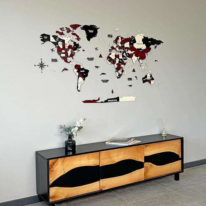 Colorfull Worlds 3D Wooden World Map Wall Art | Unique Wall Decor with Pins for Travel Enthusiasts | Home and Office Wall Décor | Burgundy | Large