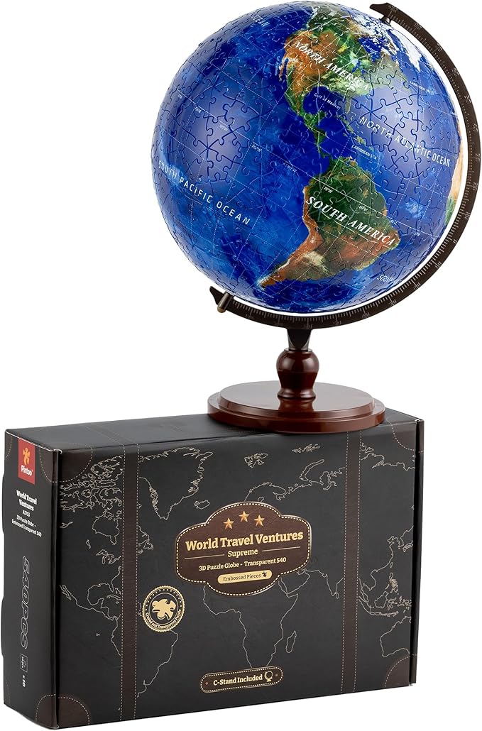 Pintoo 3-D Puzzle Globe Supreme Large 9" Earth Globe Decor with 540 Curved & Translucent & Tactile Puzzle Pieces - Globes of The World for Unisex Adults, Explorers, Business, Home Decoration [A3753]